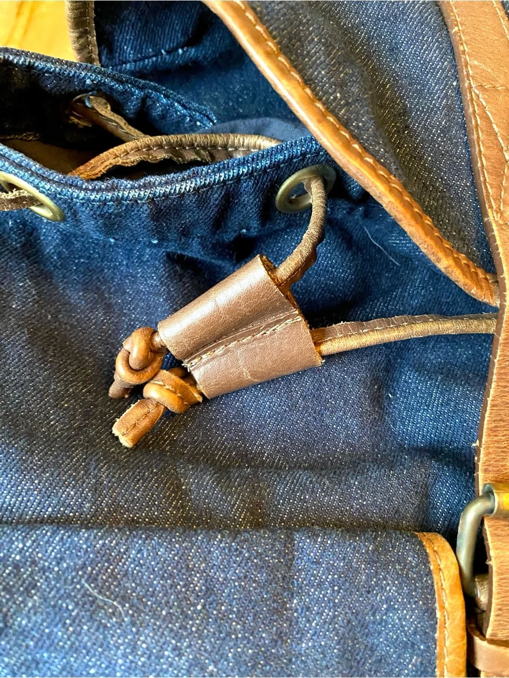 Jack Wills Blue Denim Canvas Cinch Top Backpack Leather Trim